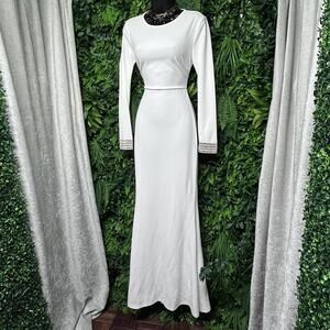 FASHION NOVA Dress Women Small White Long Open Back Stoned Cuff Gown Formal 2608